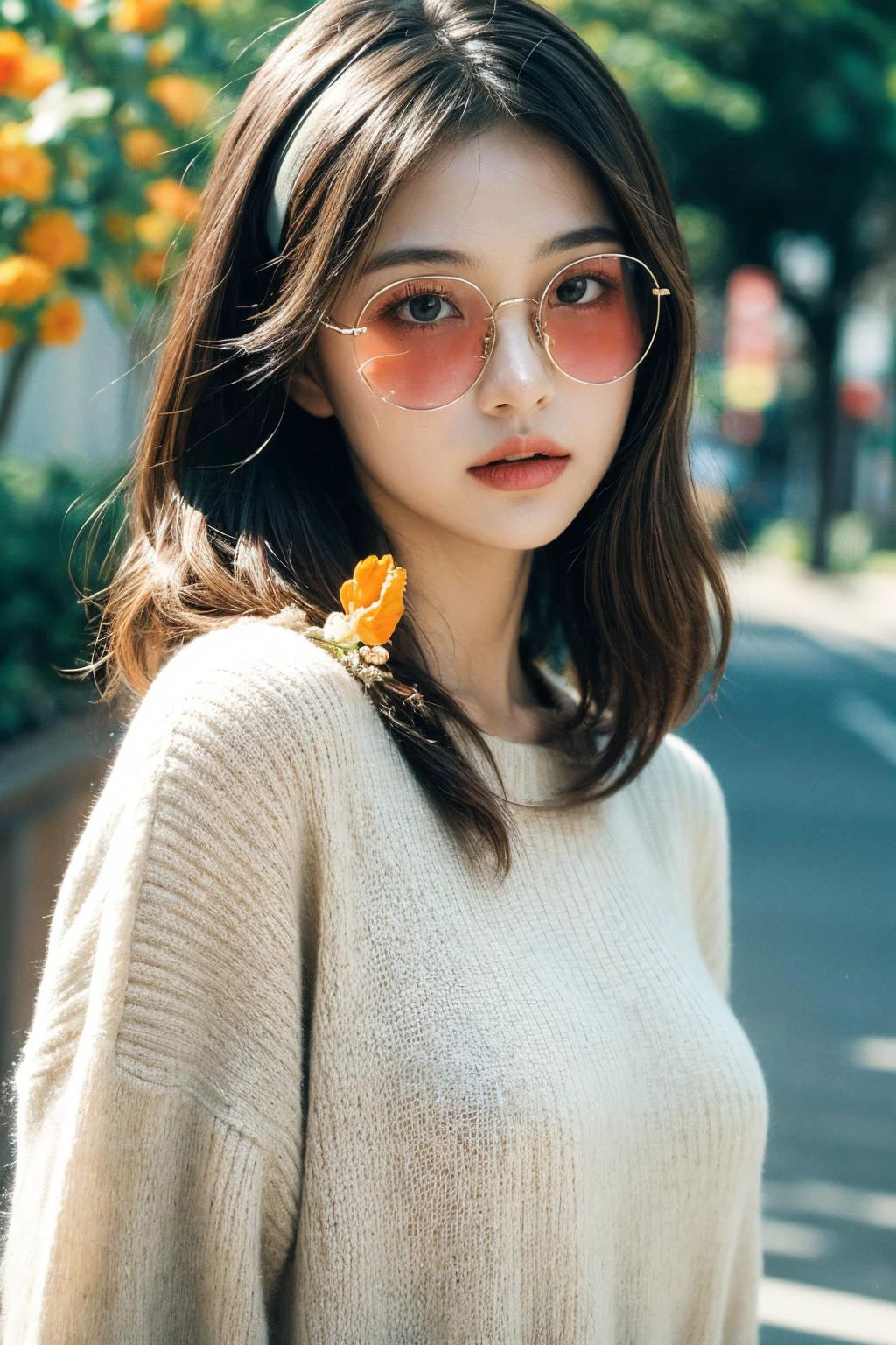 1girl, sweater ,(outdoors:1.2) , headband , <lora:round_glasses-v17h:0.7> round_eyewear, (flower:1.3), <lora:JPfilmColor_Heavy_grain:0.4> film overlay, film grain, <lora:add_detail:1>, Best quality, masterpiece, ultra high res, (photorealistic:1.4)
