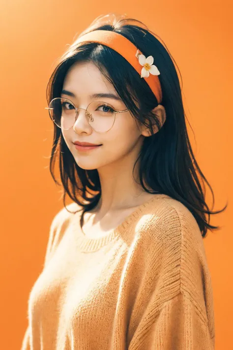 1girl, sweater ,(orange background:1.3) , headband , <lora:round_glasses-v17h:0.7> round_eyewear, smile, (closed mouth:1.4) (flower:1.3), <lora:JPfilmColor_Heavy_grain:0.4> film overlay, film grain, Best quality, masterpiece, ultra high res, (photorealistic:1.4)