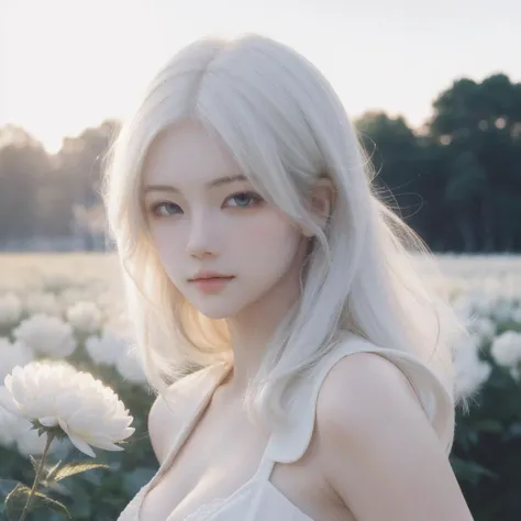 1girl, (ultra detailed eyes:1.2), (blushing), Fulfilled, Delight, (breasts, cleavage:1.2), (shiny skin:1.2), beautiful skin, (pupils sparkling), (white hair, fluffy hair, curly hair), (much haughty hair:1.5), elegant, cuticle hair, wind blow, scattering of light, BREAK, (spring, pink flowers, spring field:1.2), (high resolution , RAW photo , photorealistic , deep shadows , Wind-effect:1.6 , shading ), (white flowers, white flower field, looking at viewer:1.3), ultra realistic,32k,RAW photo,(high detailed skin:1.2), 8k uhd, dslr, soft lighting, high quality, film grain, film grain, film overlay, <lora:Heavy_grain:0.15:MIDD>, (glowing effect, dim light:1.3), <lora:Egamizub-000004:0.5>,  <lora:polyhedron_skinny_all:0.9:OUTS>