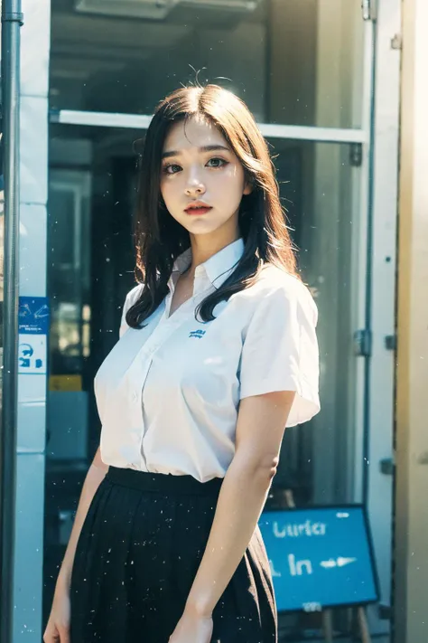 masterpiece,ultra realistic,32k,extremely detailed CG unity 8k wallpaper, best quality, dramatic light,(film overlay, film grain:1.3),
(masterpiece, best quality:1.2), (looking at viewer), (wavy hair:0.8),
1girl, upper body,
outdoors, sunset, street, school uniform, white shirt, black skirt,
medium breasts, <lora:JPfilmColor_Heavy_grain:0.9>