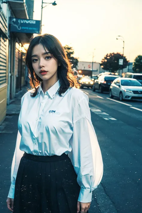 masterpiece,ultra realistic,32k,extremely detailed CG unity 8k wallpaper, best quality, dramatic light,(film overlay, film grain:1.3),
(masterpiece, best quality:1.2), (looking at viewer), (wavy hair:0.8),
1girl, upper body, school uniform, white shirt, black skirt,
outdoors, sunset, street,
<lora:JPfilmColor_Heavy_grain:0.9>