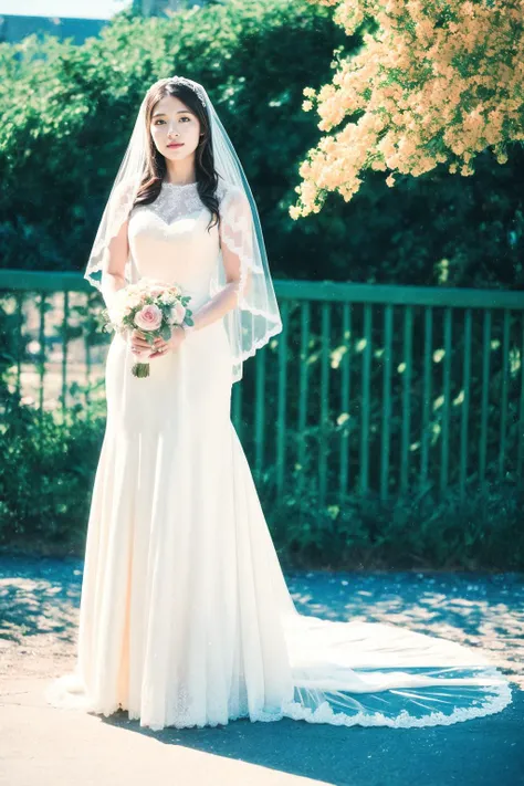 ((full body:1.2)), natural blurry, 1girl, ((bride dress, bridal gauntlets, bridal veil, bridal legwear, bridal garter)), radiant complexion, whimsical pose, fluttering hair, golden sunlight, macro shot, shallow depth of field, bokeh, dreamy, (looking at viewer), oiled skin,a stunning photo with beautiful saturation,ultra high res,(realistic:1.4)),deep shadow,(best quality, masterpiece), pale skin, dimly lit, shade, flustered, blush, highly detailed, depth of field, film grain, wrinkled skin, nose blush, full-face blush, ((outdoors, scenery, landscape))
<lora:VietnameseDollLikeness-v1.0:0.5> ,
<lora:JPfilmColor_Heavy_grain:0.7>, (masterpiece,best quality:1.5)
