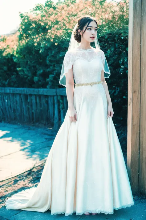 ((full body:1.2)), natural blurry, 1girl, ((bride dress, bridal gauntlets, bridal veil, bridal legwear, bridal garter)), radiant complexion, whimsical pose, fluttering hair, golden sunlight, macro shot, shallow depth of field, bokeh, dreamy, (looking at viewer), oiled skin,a stunning photo with beautiful saturation,ultra high res,(realistic:1.4)),deep shadow,(best quality, masterpiece), pale skin, dimly lit, shade, flustered, blush, highly detailed, depth of field, film grain, wrinkled skin, nose blush, full-face blush, ((outdoors, scenery, landscape))
<lora:VietnameseDollLikeness-v1.0:0.5> ,
<lora:JPfilmColor_Heavy_grain:0.7>, (masterpiece,best quality:1.5)