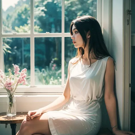 (RAW photo, best quality), (realistic, photo-realistic:1.30), Ultra Detailed, 50mm, official art, unity 8k wallpaper, stunning environment, hyperdetailed, (aestheticism), ethereal, 
girly, solo, a girl in a thin silk dress (sitting on  window), (indoors), looking away, flower field ouside the window, (style:1.5),detailed background, soft lighting, gorgeous light and shadow,
<lora:JPfilmColor_Heavy_grain:0.5>,film overlay, film grain