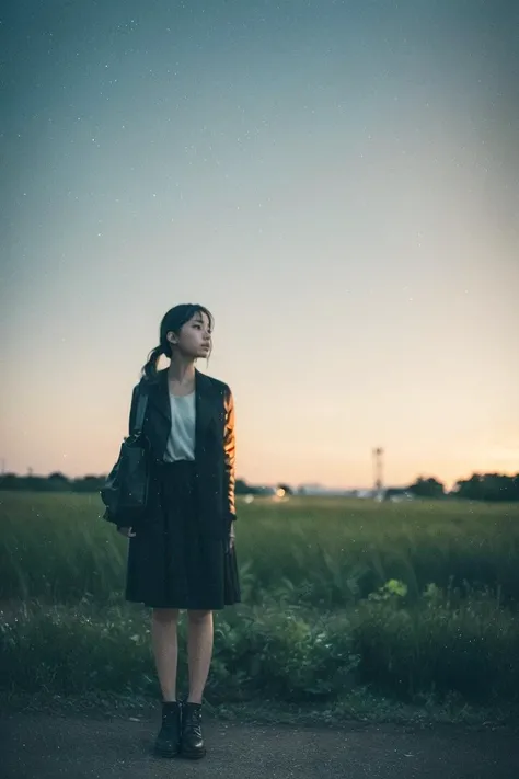 a girl standing alone in front of an old, shabby, unlit transit station in a deserted countryside on a dark night, film grain, depth of field, analog film style, vivid color, 1girl, slender body, full body, beautiful eyes, beautiful symmetrical face, ponytail, bangs, blouse, skirt, fog, (night, dark, dark photo, grainy, dimly lit:1.3), (masterpiece:1.2), best quality, high quality, (realistic), (absurdres:1.2), UHD, ultrarealistic, noise<lora:JPfilmColor_Heavy_grain:0.5><lora:test01:0.75>