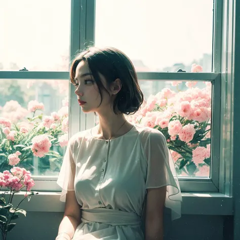 (RAW photo, best quality), (realistic, photo-realistic:1.30), Ultra Detailed, 50mm, official art, unity 8k wallpaper, stunning environment, hyperdetailed, (aestheticism), ethereal, 
girly, solo, a girl in a thin silk dress (sitting on  window), (indoors), looking away, flower field outside the window, (style:1.5), detailed background, soft lighting, gorgeous light and shadow,
 <lora:JPfilmColor_Heavy_grain:0.5>, film overlay, film grain