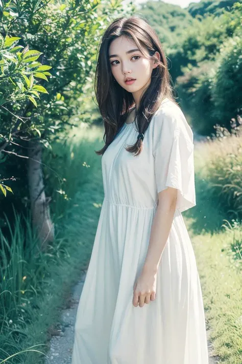 (RAW photo, best quality), (realistic, photo-realistic:1.3), masterpiece, extremely detailed, 8k wallpaper, finely detail, 8k, wallpaper, huge filesize, highres, absurdres,
<lora:Heavy_grain:0.6>, film overlay, film grain,
1girl, solo, cute, young, beautiful detailed girl, detailed fingers, extremely detailed eyes and face, beautiful detailed nose, beautiful detailed eyes, long eyelashes, looking at viewer, realistic face, realistic body,
(((medium hair:1.3), short bang, brown hair, floating hair novafrogstyle)),
dress, long dress
road, tree, grass