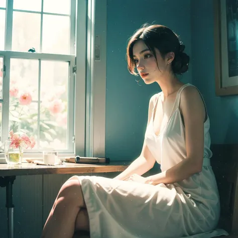 (RAW photo, best quality), (realistic, photo-realistic:1.30), Ultra Detailed, 50mm, official art, unity 8k wallpaper, stunning environment, hyperdetailed, (aestheticism), ethereal,
girly, solo, a girl in a thin silk dress (sitting on window), (indoors), looking away, flower field outside the window, (style:1.5), detailed background, soft lighting, gorgeous light and shadow,
<lora:JPfilmColor_Heavy_grain:0.5>, film overlay, film grain