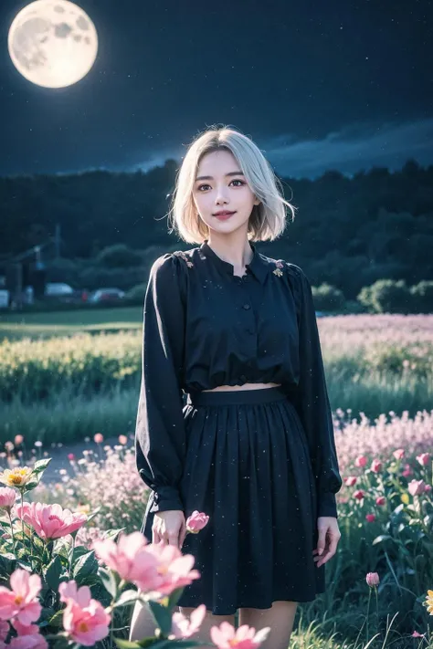masterpiece,best quality,1girl,(colorful),(delicate eyes and face),volumatic light,ray tracing,bust shot,extremely detailed CG unity 8k wallpaper,solo,smile,intricate skirt,((flying petal)),(Flowery meadow) sky,cloudy_sky,moonlight,moon,night,(dark theme:1.3),light,fantasy,windy,magic sparks,dark castle,white hair,<lora:Heavy_grain:0.6>,