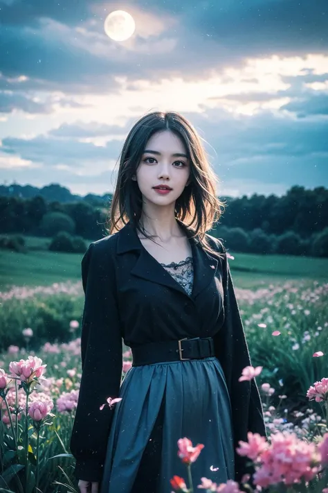 masterpiece,best quality,1girl,(colorful),(delicate eyes and face),volumatic light,ray tracing,bust shot,extremely detailed CG unity 8k wallpaper,solo,smile,intricate skirt,((flying petal)),(Flowery meadow) sky,cloudy_sky,moonlight,moon,night,(dark theme:1.3),light,fantasy,windy,magic sparks,dark castle,white hair,<lora:Heavy_grain:0.6>,