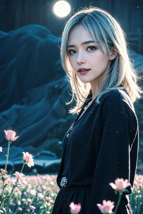 masterpiece,best quality,1girl,(colorful),(delicate eyes and face),volumatic light,ray tracing,bust shot,extremely detailed CG unity 8k wallpaper,solo,smile,intricate skirt,((flying petal)),(Flowery meadow) sky,cloudy_sky,moonlight,moon,night,(dark theme:1.3),light,fantasy,windy,magic sparks,dark castle,white hair,<lora:Heavy_grain:0.6>,