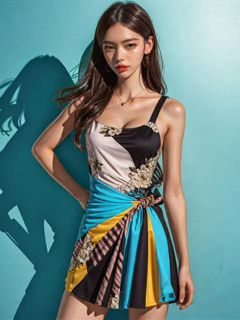 ((masterpiece)),((bestquality)),8k,highdetailed,ultra-detailed,illustration,fashion,magazinescan,studio,studiolighting,(1girl,solo),(strikingapose),trendyoutfit,(colorfuldress),(stylishaccessories),(confidentexpression),(longflowinghair),upperbodyshot,dynamiccomposition,vibrantbackground,(boldcolorscheme),showcasingthefashionmodel'scharmandstyle,inspiredbytheworksoffashionillustratorAntonioLopez