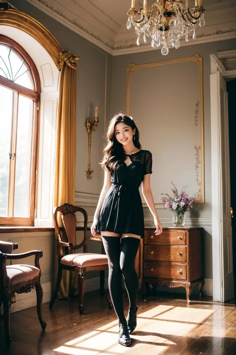 Smilling a beautiful and elegant girl with leggings and a black stockings,Gorgeous dress,Her hair adorned with vibrant jewels of various colors,Fullbody,Rainbow-colored light is streaming in through the window,The backdrop features a room adorned with antique furniture,