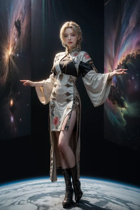 (masterpiece, top quality, best quality, official art, beautiful and aesthetic:1.2), HDR, Kodak Portra 400, film grain, (1 girl:1.3), slender, green eyes, yellow straight hair, standing, grey velvet Chinese dress, Chinese dress, (space station, fractal art:1.2), big clock, full body shot, <lora:kronshtadt_v1:0.92>, <lora:OC:0.3>, <lora:more_details:0.9>