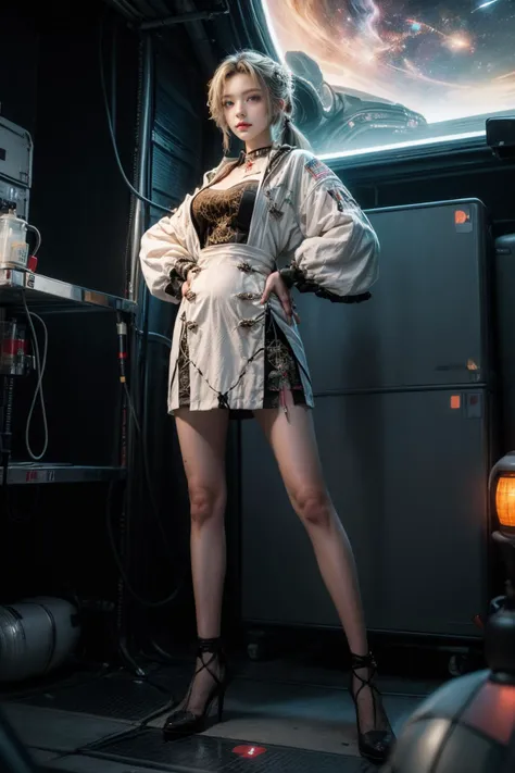 (masterpiece, top quality, best quality, official art, beautiful and aesthetic:1.2), HDR, Kodak Portra 400, film grain, (1 girl:1.3), slender, cyan eyes, silver low twintail, model photo pose, brown velvet Chinese dress, Wedding dress, (space station, fractal art:1.2), big clock, full body shot, <lora:kronshtadt_v1:0.92>, <lora:OC:0.3>, <lora:more_details:0.9>