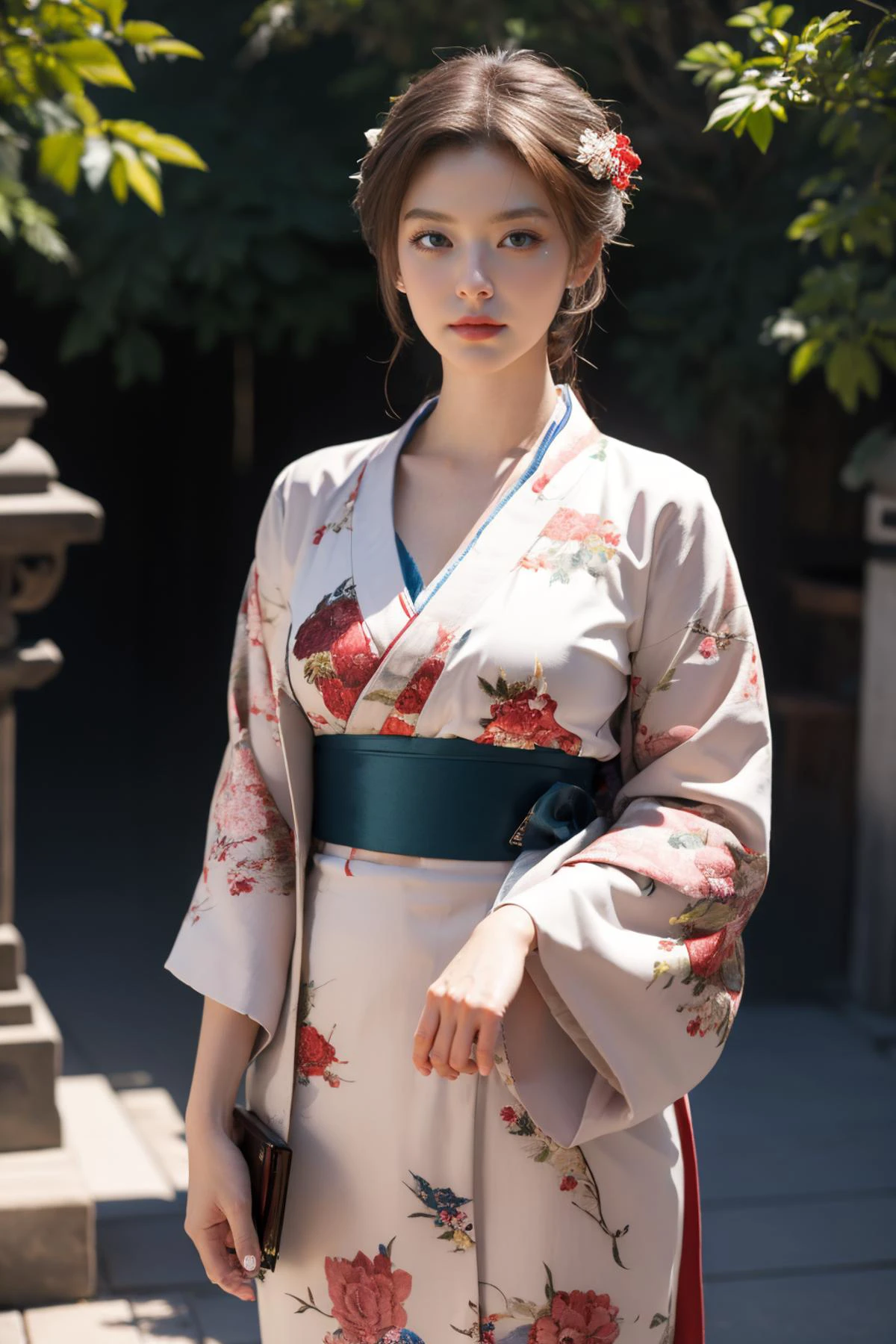 (RAW photo:1.2), (photorealistic:1.4), (masterpiece:1.3), (best quality:1.4), ultra high res, HDR, 8k resolution, 1girl, slender, solo, ulzzang-6500-v1.1, gold very long hair, standing, (azure blue eyes), (glowing eyes), (pale skin:1.2), red lips, pink (Hanfu, kimono:1.2), (Japanese street, temple, fractal:1.3), cowboy shot, <lora:kronshtadt_v1:0.82>, <lora:shojovibe_v11:0.6>