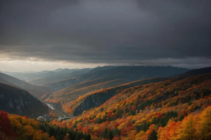 professional photo,photo of autumn landscape,dramatic lighting,gloomy,cloudy weather,