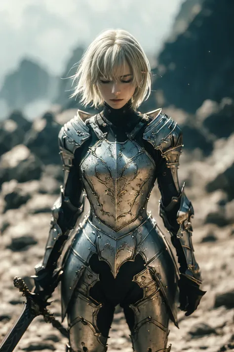 xuer plate armor,sword,solo,blonde hair,gauntlets,short hair,male focus,1boy,blurry,blurry background,planted sword,standing,closed eyes,1girl,
photorealistic,extreme detail,lifelike,crisp,precise,detailed,metallic sheen,metallic,
blend of organic and mechanical elements,futuristic,cybernetic,detailed,intricate,35mm photograph,film,bokeh,professional,4k,highly detailed,
<lora:xuer plate armor_20240212225854:0.8>,