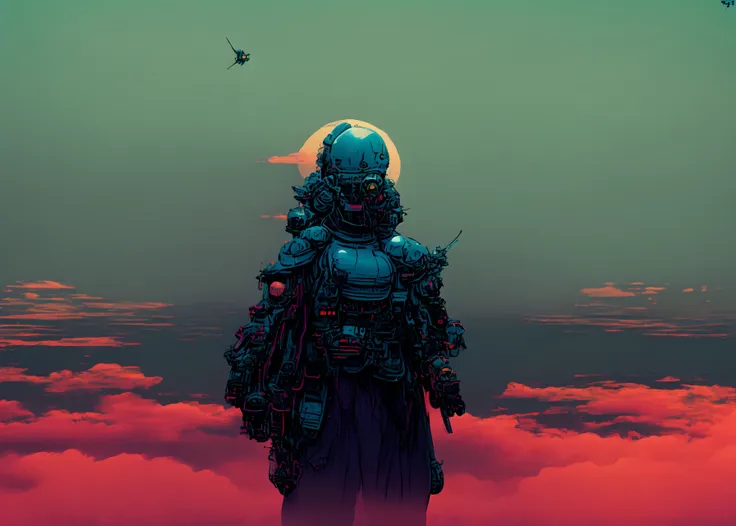 textless, wide shot, background ocean of clouds, CyberRonin, (Cyber-Samurai:1.2)