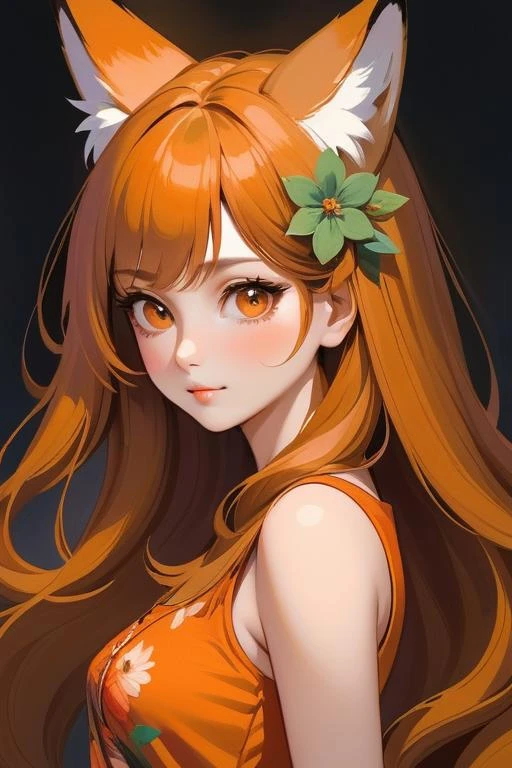 portrait mature woman, upper body, sexy, shy, cute, beautiful detailed face, big eyes, looking at the viewer, thin waist, beautiful orange long hair, flower, fox ears, mini skirt, colorful, dark color background, dynamic light, shadow detailed, very detailed, realistic oil painting, masterpiece, hard brush,