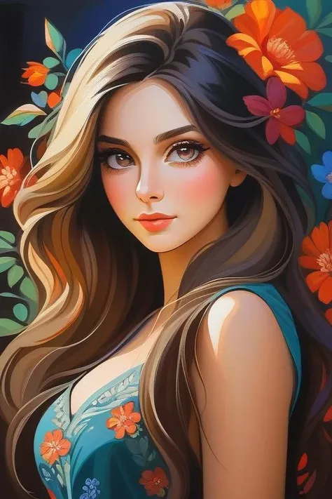 portrait mature russian woman, upper body, sexy, shy, cute, beautiful detailed face, big eyes, looking at the viewer, thin waist, beautiful long hair, mini skirt, colorful, dark gradient color background, flower, dynamic light, shadow detailed, very detailed, realistic oil painting, masterpiece, hard brush, 