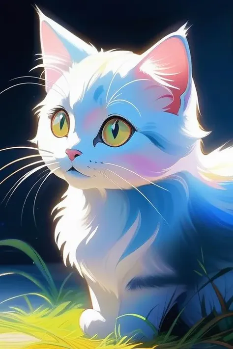 beautiful cat, by Hayao Miyazaki, holographic color, gradient background, dynamic lighting, shadow detailed, highly detailed, oil painting, speed art, hard brush,