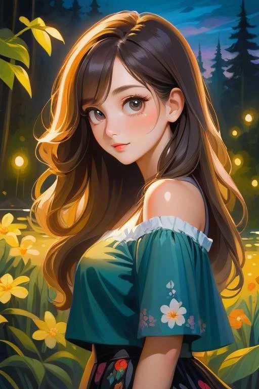 portrait mature woman, upper body, sexy, shy, cute, beautiful detailed face, big eyes, looking at the viewer, thin waist, beautiful long hair, flower, mini skirt, firefly, forest, night, beautiful cloud, river, colorful, dark color background, dynamic light, shadow detailed, very detailed, realistic oil painting, masterpiece, hard brush,