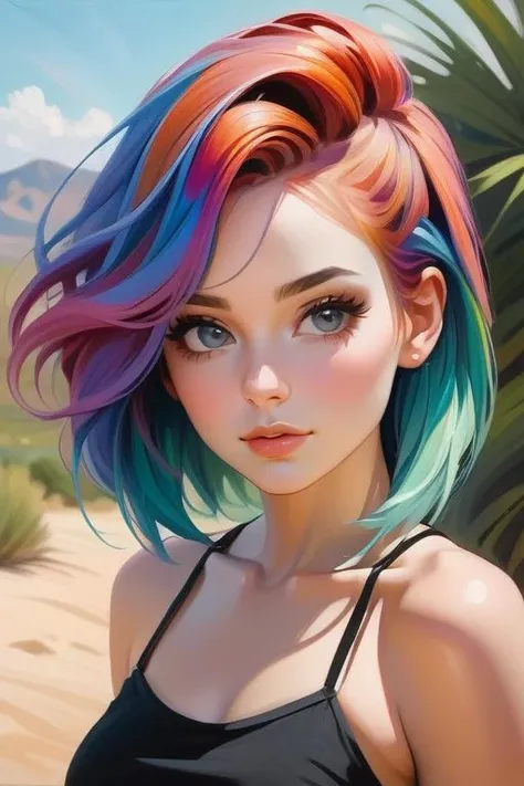 realistic oil painting, portrait of a young woman, upper body, colorful hair, detailed face, hard brush, sexy attire, outside