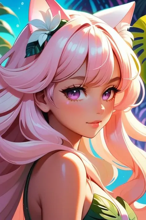 close-up artistic portrait of a beautiful Faialense goddess of love with long billowing hair, sakura petals and monstera leaves, backlit silhouette, pale-pink-hued colors, cat ears, god rays, still life, colorful, acid gradient background, dynamic lighting, shadow detailed, highly detailed, anime style, oil painting, speed art