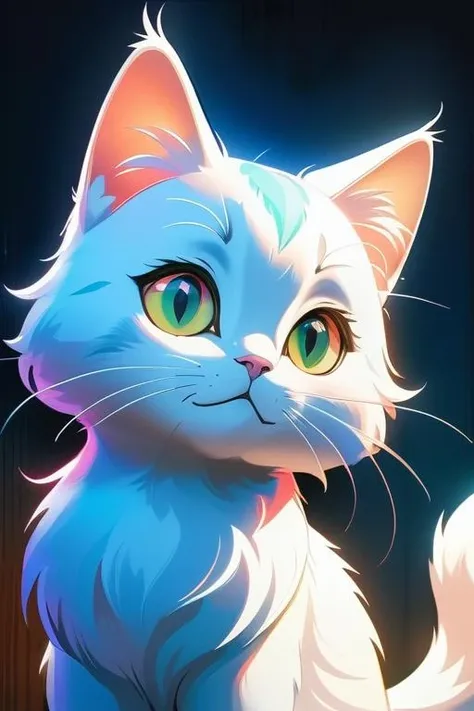 beautiful cat, by Hayao Miyazaki, holographic color, gradient background, dynamic lighting, shadow detailed, highly detailed, oil painting, speed art, hard brush,