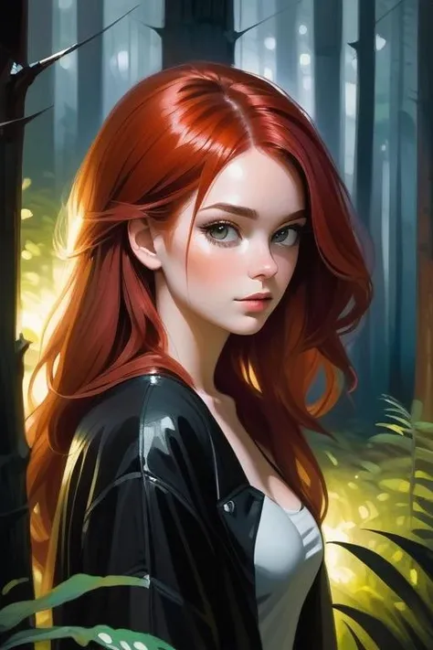 realistic oil painting, portrait of a young woman, looking away from viewer, full body, red hair, detailed face, hard brush, sexy clothings, in a dark forest, night, barely lit