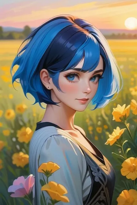 realistic oil painting, portrait of a mature woman, looking away from viewer, upper body, blue hair, very short hair, detailed face, hard brush, sexy clothings, on a field of flowers, sunset