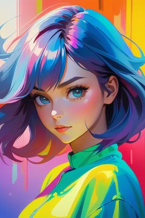 artistic portrait woman, still life, colorful, acid gradient background, dynamic lighting, shadow detailed, highly detailed, anime style, oil painting, speed art,