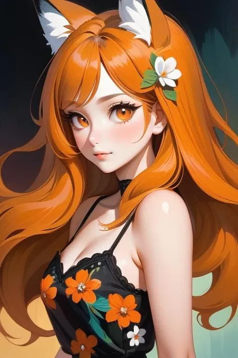 portrait mature woman, upper body, sexy, shy, cute, beautiful detailed face, big eyes, looking at the viewer, thin waist, beautiful orange long hair, flower, fox ears, mini skirt, colorful, dark color background, dynamic light, shadow detailed, very detailed, realistic oil painting, masterpiece, hard brush,