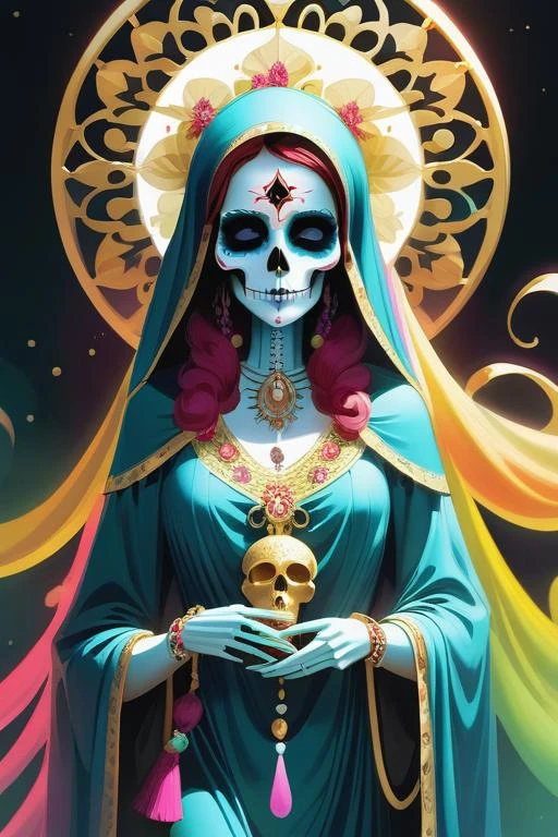 Santa Muerte, best quality, digital painting, extremely smooth, fluid, 3d fractals, light particles, dreamy, smooth, shimmering, dreamy glow, conceptual art by alberto seveso, anna dittmann, arthur rackham, harmonious color scheme, 32k