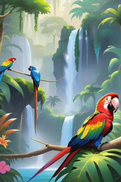 (masterpiece, best quality:1.2), (Intricate detailed:1.2), vibrant jungle, with tall trees and colorful flowers. The air is thick with the scent of lush greenery. In the foreground, a colorful parrot perches on a branch, its feathers a riot of colors. Monkeys swing from tree to tree, adding to the lively energy of the scene. A waterfall cascades down a rocky cliff, creating a peaceful oasis in the midst of the bustling jungle.