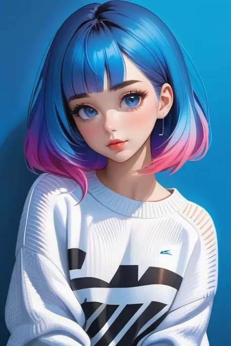 illustrator, anime , realistic ,sketch , 1girl, ,lip, Sweater,order, Blue gradient background, Neon hair,Textured crop, Canadian, (masterpiece,best quality)