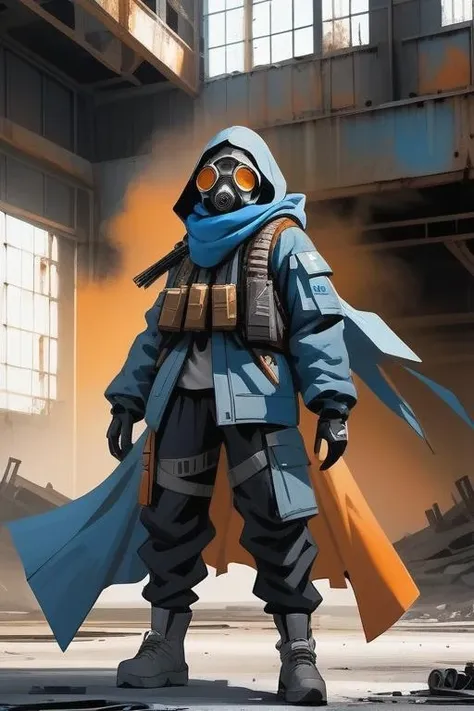 a rusty postapocalyptic military cyborg wearing a shabby tattered old futuristic flight jacket armed machine gun in an abandoned factory,Wearing a cloak and gas mask, with blue and orange movie tones, movement, dynamic posture, scars, scrap metal, radio, scarf