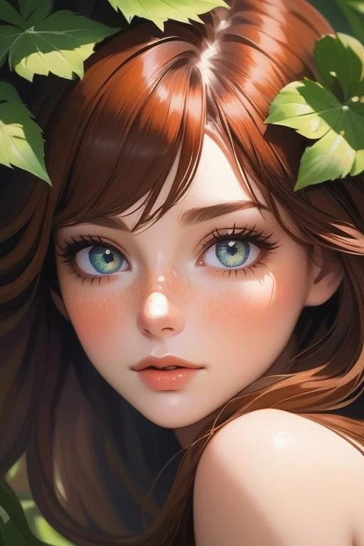 portrait of a unique breathtaking and beautiful woman face close-up, stunning detail, hyper detailed eyes, detailed skin with a flawless texture delicate and refined, smooth hair elegantly draped around her neck, subtle freckles on her nose, fullness of her lips, covered with leafs, captured in masterful composition, lighting accentuate her natural beauty, gentle shadows and highlights, incredible skill and attention to detail, nuance and detail, supersharp focus, Carne Griffiths, Conrad Roset, annie leibovitz, (hyperdetailed:1. 15), (soft light, sharp:1. 2), (Hasselblad masterclass:1. 1)