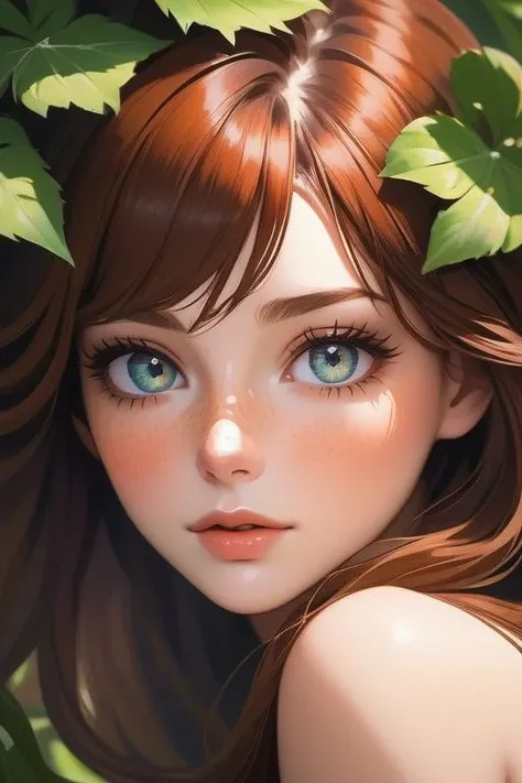 portrait of a unique breathtaking and beautiful woman face close-up, stunning detail, hyper detailed eyes, detailed skin with a flawless texture delicate and refined, smooth hair elegantly draped around her neck, subtle freckles on her nose, fullness of her lips, covered with leafs, captured in masterful composition, lighting accentuate her natural beauty, gentle shadows and highlights, incredible skill and attention to detail, nuance and detail, supersharp focus, Carne Griffiths, Conrad Roset, annie leibovitz, (hyperdetailed:1. 15), (soft light, sharp:1. 2), (Hasselblad masterclass:1. 1)