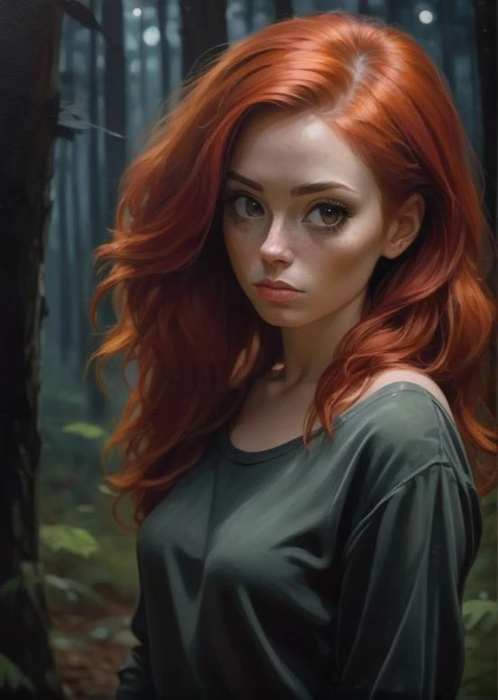 realistic oil painting, portrait of a young woman, looking away from viewer, full body, red hair, detailed face, hard brush, sexy clothings, in a dark forest, night, barely lit