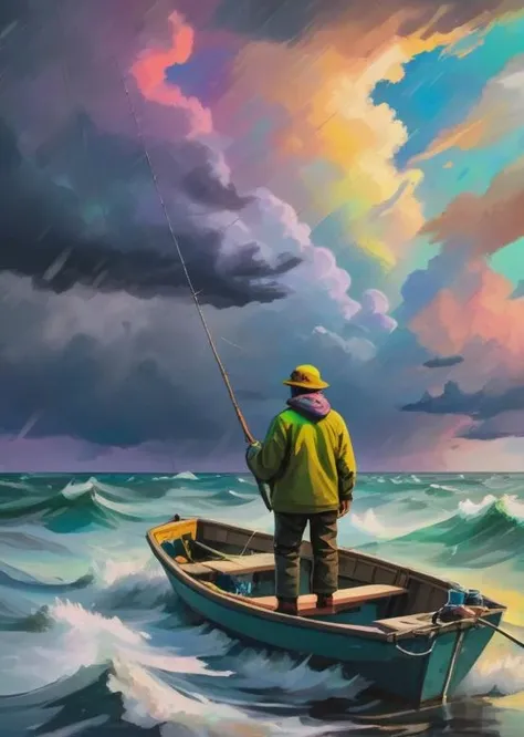 an impressionistic artwork LSD Trip an fisherman on open see in a stormy see ,colorful sky, undefined