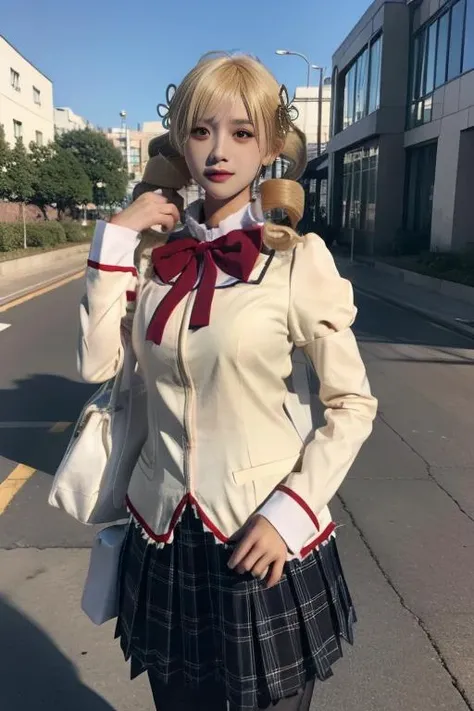 ltra-detailed,highly detailed,best quality,masterpiece,illustration,realistic,photorealistic,
1girl, solo,cosplay, 
tomoe mami, mitakihara school uniform, 
blonde hair, twin drills, hair ornament, 
looking at viewer, cowboy shot, 
outdoors, 
<lora:tomoe mami_v2_07:0.7>
