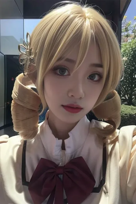 ltra-detailed,highly detailed,best quality,masterpiece,illustration,realistic,photorealistic,
1girl, solo,cosplay,
tomoe mami, mitakihara school uniform,
blonde hair, twin drills,
looking at viewer, upper body,
outdoors,
<lora:tomoe mami_v2_07:0.9>