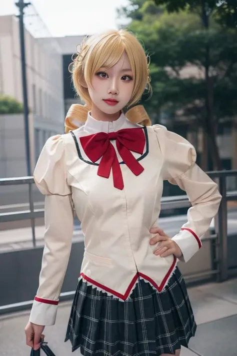 ltra-detailed,highly detailed,best quality,masterpiece,illustration,realistic,photorealistic,
1girl, solo,cosplay, 
tomoe mami, mitakihara school uniform, 
blonde hair, twin drills, hair ornament, 
looking at viewer, cowboy shot, 
outdoors, 
<lora:tomoe mami_v2_07:0.7>