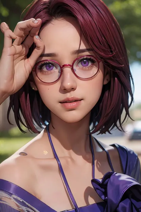 (masterpiece, best quality), 1girl, beautiful face,   <lora:maru:1> maru, dark skin, purple eyes, glasses, red hair, short hair,