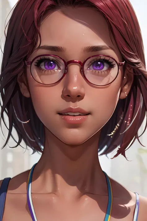 (masterpiece, best quality), 1girl, beautiful face,   <lora:maru:1> maru, dark skin, purple eyes, glasses, red hair, short hair,