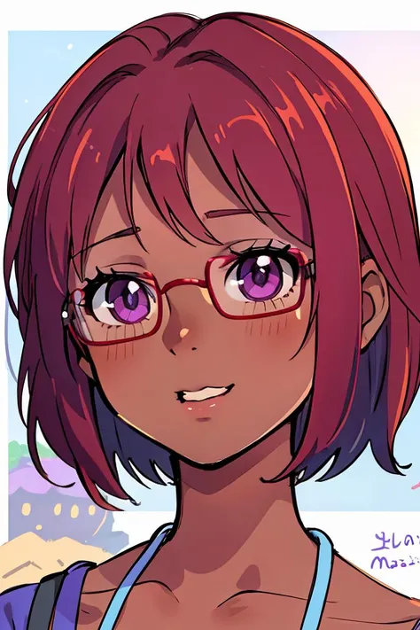 (masterpiece, best quality), 1girl, beautiful face,   <lora:maru:1> maru, dark skin, purple eyes, glasses, red hair, short hair,