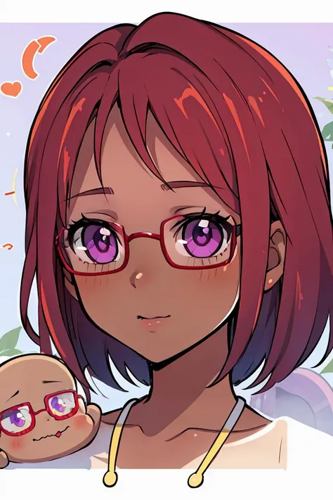 (masterpiece, best quality), 1girl, beautiful face, <lora:maru:1> maru, dark skin, purple eyes, glasses, red hair, short hair,