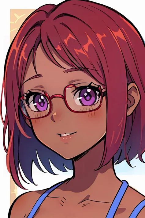 (masterpiece, best quality), 1girl, beautiful face, <lora:maru:1> maru, dark skin, purple eyes, glasses, red hair, short hair,